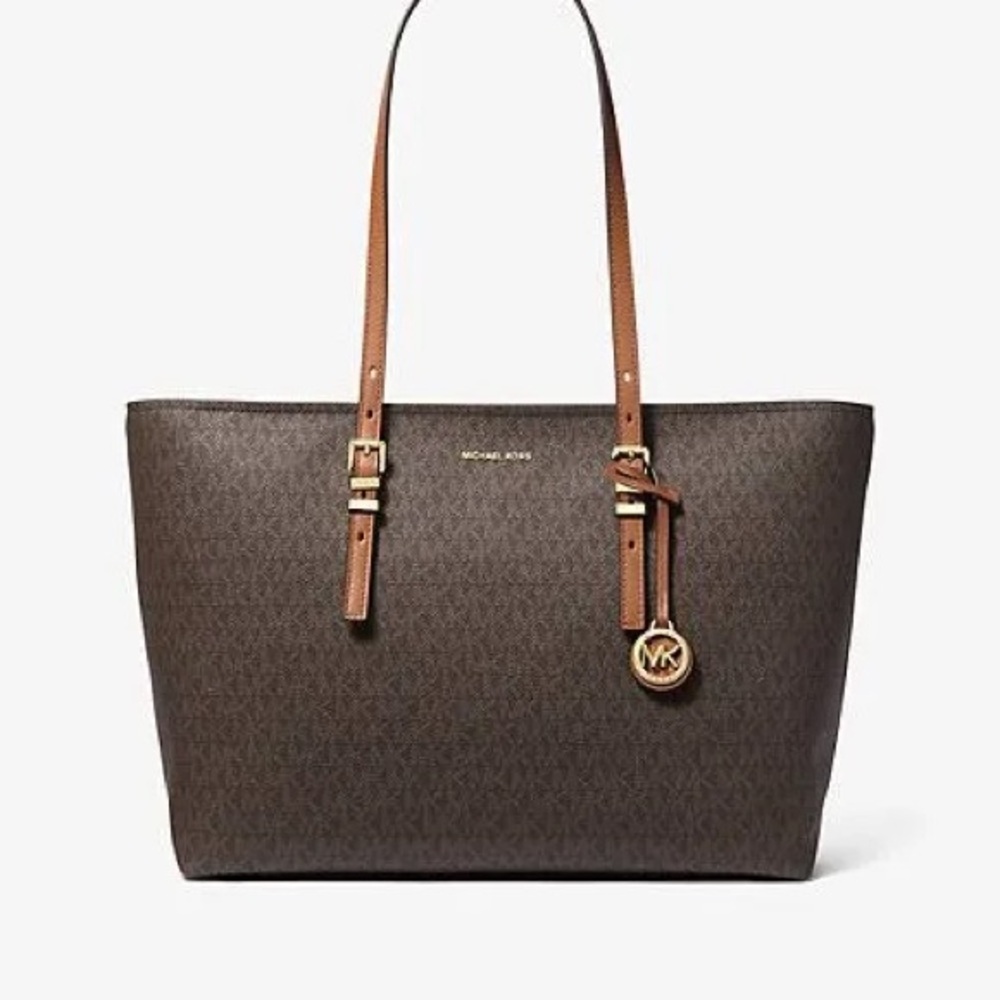 Michael Kors Quinn Large Signature Logo Leather Brown Tote